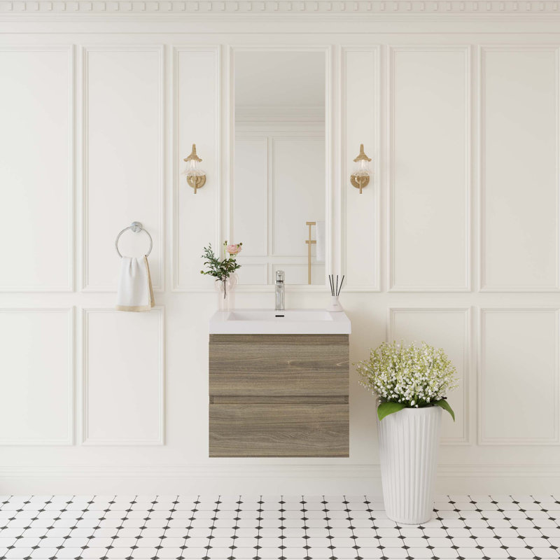Meuble-lavabo flottant avec lavabo, meuble-lavabo mural moderne avec lavabo en résine et tiroirs à fermeture en douceur, Gris