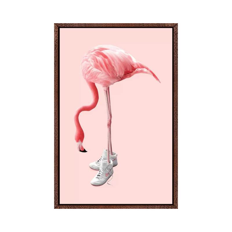 Sneaker Flamingo - Print on Canvas, Classic Brown Wood Framed, 101.6 cm H x 66.04 cm W