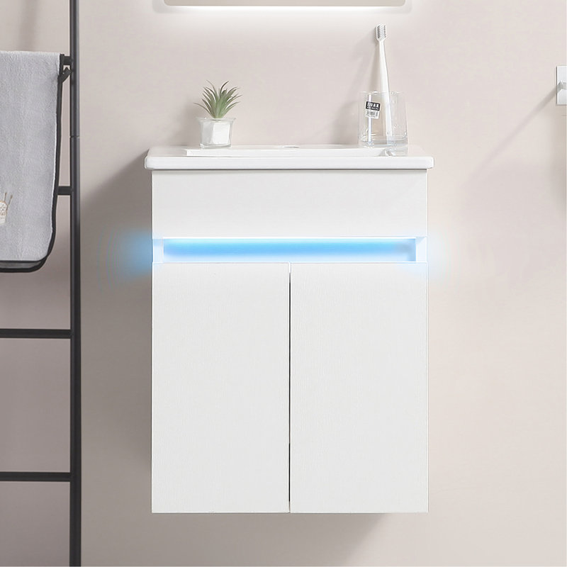 Meuble-lavabo de 16 po avec lavabo, fixé au mur pour les petites salles de bain. Comprend une détection de radars et de nombreuses options de rangement. Fixation en céramique. Rangement blanc et abondant. Armoire moderne. Assemblage requis