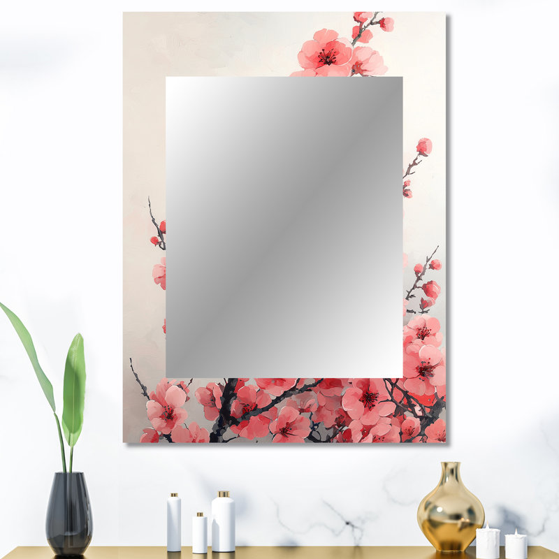 «Pink Cherry Blossoms Summer Embrace III» - miroir unique en forme de fleur de cerisier, grand miroir mural traditionnel, impression d'art en métal
