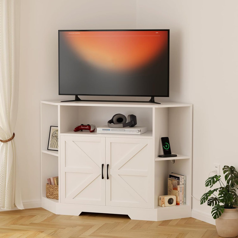 Meuble télé d'angle pour téléviseur de 55 po ou moins, centre de divertissement avec armoires de rangement et portes de grange pour le salon, blanc