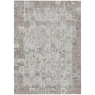 10' X 14' Taupe And Ivory Patchwork Washable Indoor Outdoor Area Rug