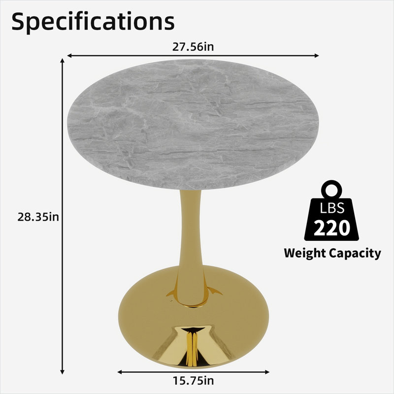 Table de salle à manger ronde à effet marbre 27,6 pouces avec base en piédestal doré, sièges 2-4, plateau gris
