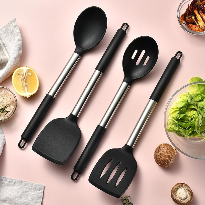 Ensemble d'ustensiles de cuisine avec poignées en acier inoxydable - 6 pièces pour la cuisson antiadhésive