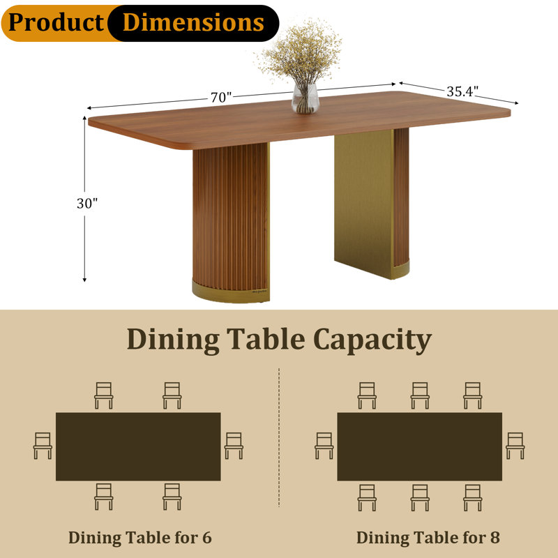 70 Inch Walnut Solid Wood Dining Table With Fluted Design And Brushed Gold Base, Brown, 30'' H x 70'' L x 35.4'' W
