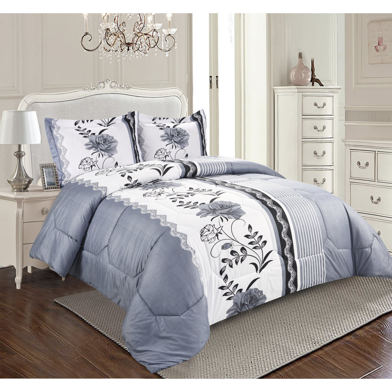 Grey Trendy Printed Bedspread Floral Design Quilted with Pillow Shams, Single Bedspread + 1 Standard Sham