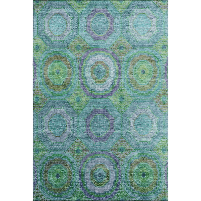 Premium Machine Washable Mayfield AMF2049 Panel Rug, Teal, 5' x 7'6"