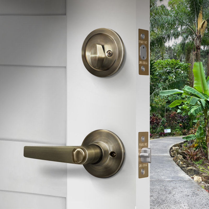 Levers With Deadbolt Reversible Entry Set, Antique Brass