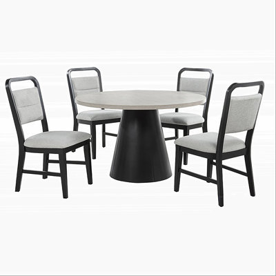 Contemporary Dining Room 5 Piece Set Solid Wood Round Dining Table with 4 Upholstered Side Chairs, Grey/Black
