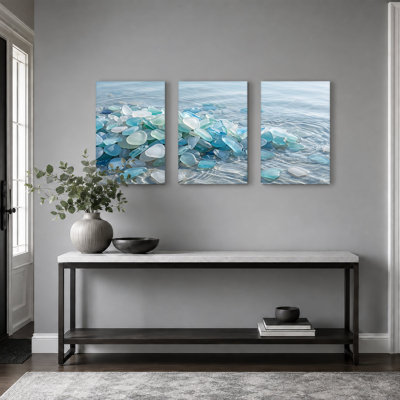 Ensemble de 3 toiles bleues et blanches en verre ondulé