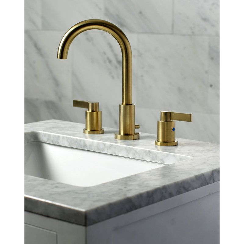 Kingston Brass NuvoFusion Two-Handle 3-Hole Deck Mount Widespread Bathroom Faucet with Brass Pop-Up Drain, Satin Brass