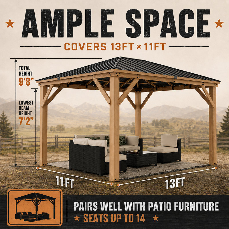 13 pi. L 11 pi. D Pavillon de jardin extérieur en acier massif avec moustiquaire et DEL