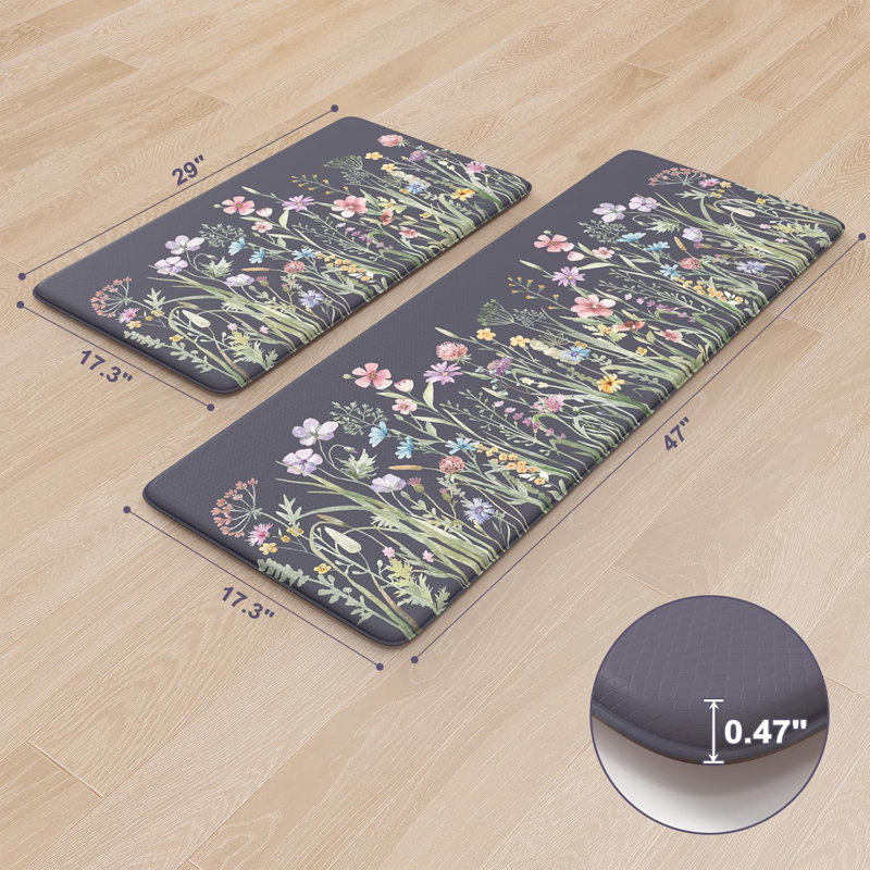 Ensemble de 2 tapis de cuisine floraux anti-fatigue (17,3 po x 47 po + 17,3 po x 29 po), Gris foncé