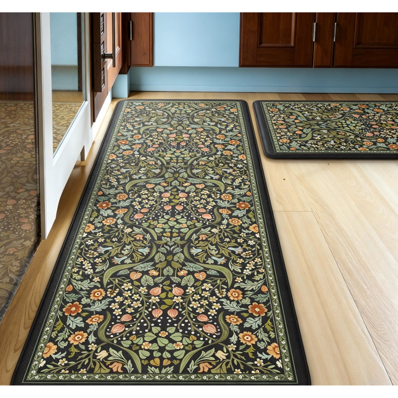 Tapis de cuisine pour cuisine, paquet de 2, floral rétro antidérapant, Noir