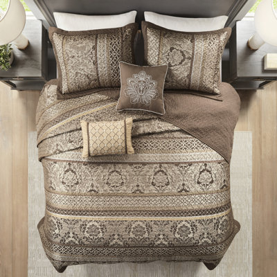 Couvre-lit réversible 5 pièces pour très grand lit - brun / or, feuille, rayures et motifs, 2 taies décoratives, coussins décoratifs, brun / or facile à entretenir, durable, lavable en feuille et décorative