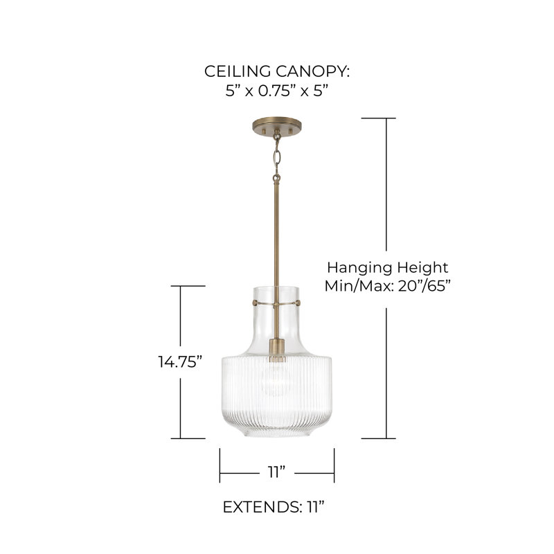 Luminaire suspendu 1 lumière avec verre cannelé transparent, Laiton vieilli