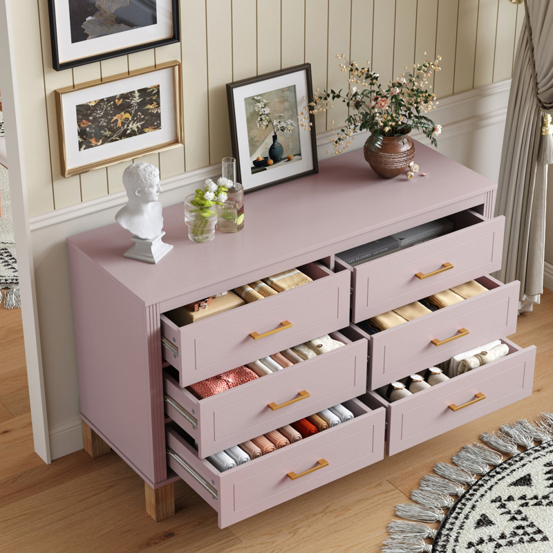 Commode double 6 tiroirs en bois robuste, Rose