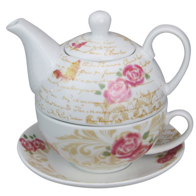 3-piece White and Pink Ceramic Floral Stackable Tea Set