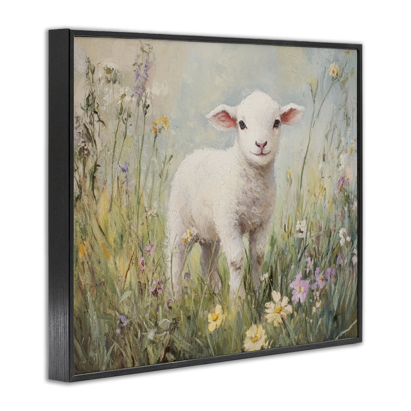 «White Lamb in Soft Flowers», estampe numérique, design par Petal Prints Design, Giclée encadrée noir minuit