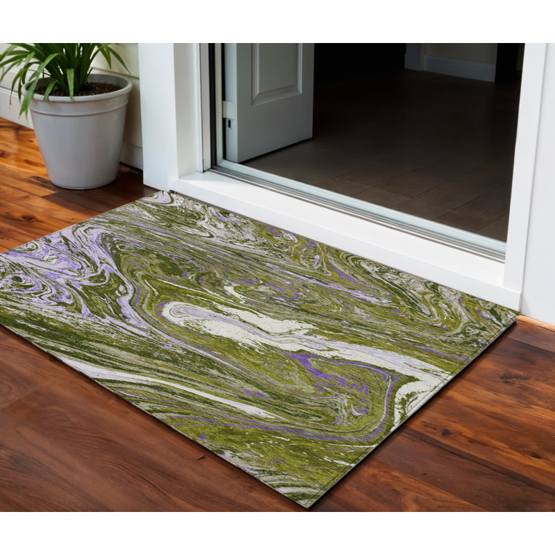 3' X 5' Olive Green Purple And Beige Abstract Washable Indoor Outdoor Area Rug