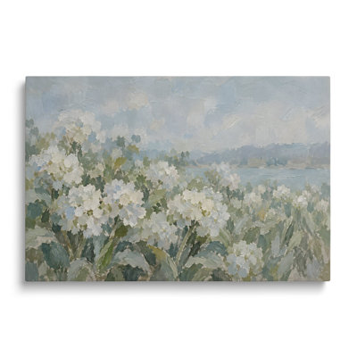 Multicolor Canvas Landscape Painting, Painterly Hydrangea Field and Lake Wall Art for Living Room Dining Room and Bedroom