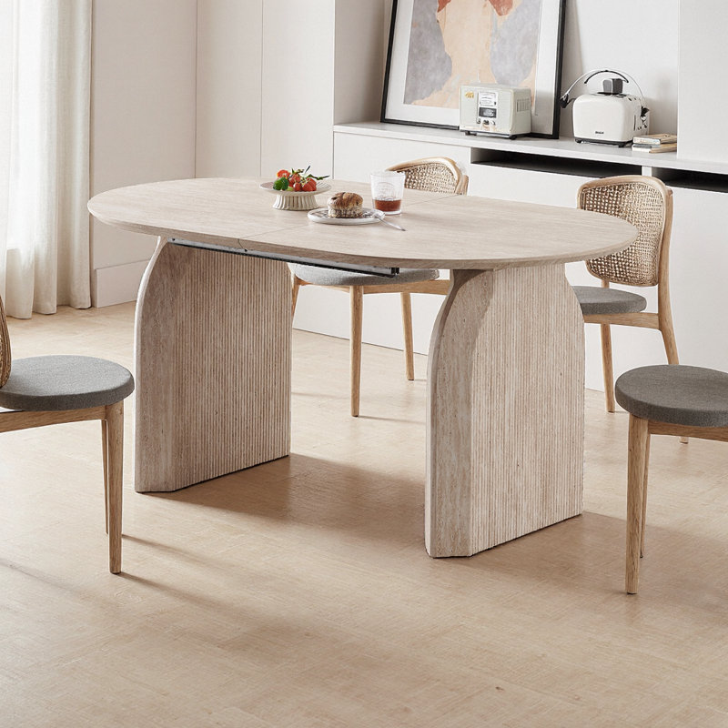 Natural Wood Modern Extendable Oval Dining Table with Dual-Pillar Legs, 29.53"H x 90.55"L x 35.43"D, Light Wood