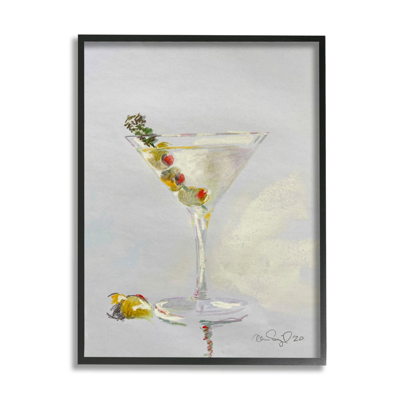 Bar à cocktail Olive Martini Glass par Alan Segal - Peinture, H 14 po x l 11 po, Giclée encadrée noir minuit
