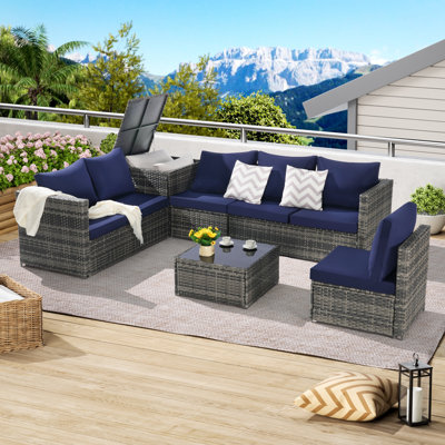 6 Pieces Patio Furniture Set,Outdoor Woven Sectional L- Shaped Patio Furniture ,Wicker Conversation Set with corner table&Glass Top Table for Backyard Poolside