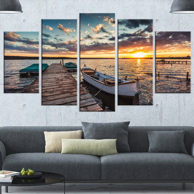 «Bateaux et jetée sous un ciel dramatique», ensemble de 5 reproductions de photos sur toiles tendues