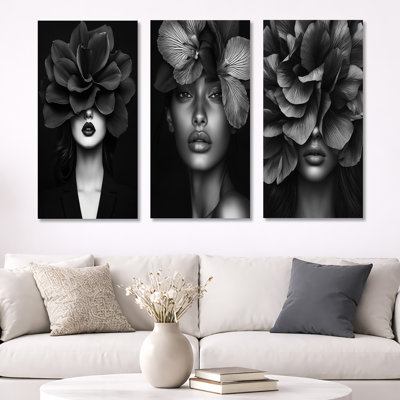 Black and White Floral Woman Portrait Photo I – Modern 3 Piece Metal Wall Art Print