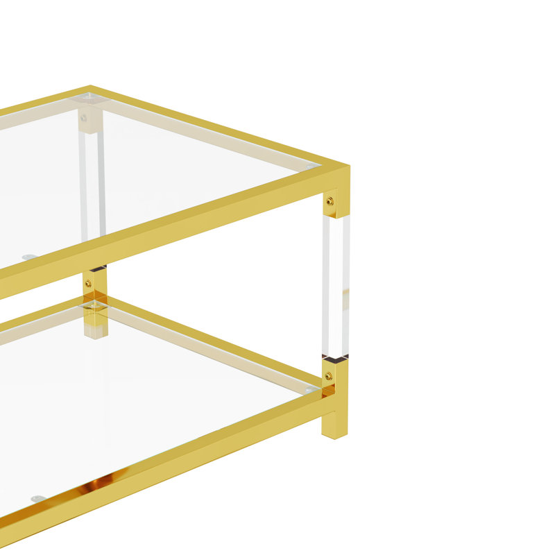 Modern Gold Glass Coffee Table with Acrylic Legs and Storage
