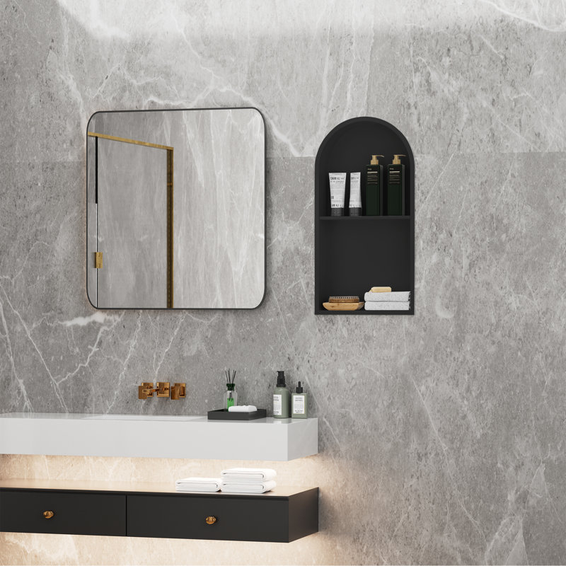 Bathroom Wall Niche - 12"w X 24"h Arched 304 Stainless Steel Shower Niche, Double Shelves, No Tile Needed, Matte Black Finish
