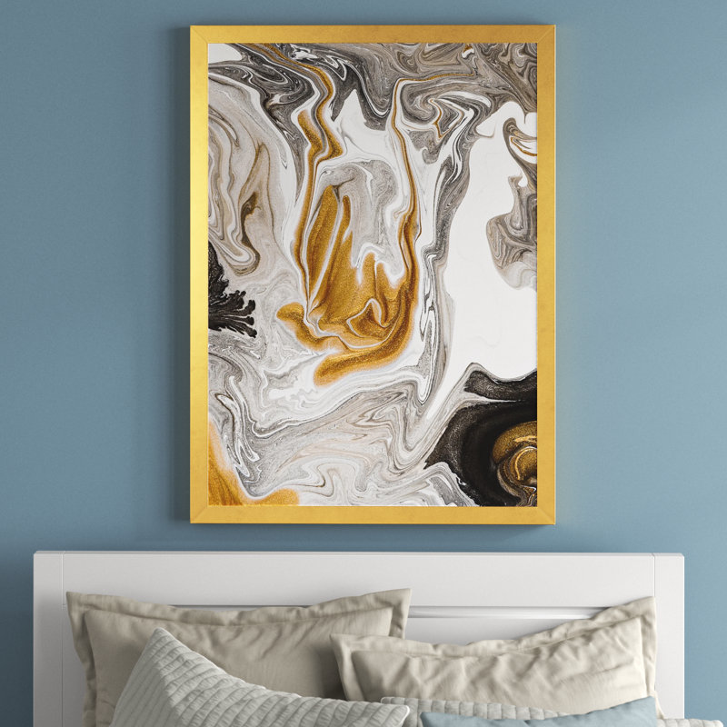 Vague de marbre doré et noir V - peinture sur toile, H 44 po x l 34 po x P 1,5 po, Cadre doré