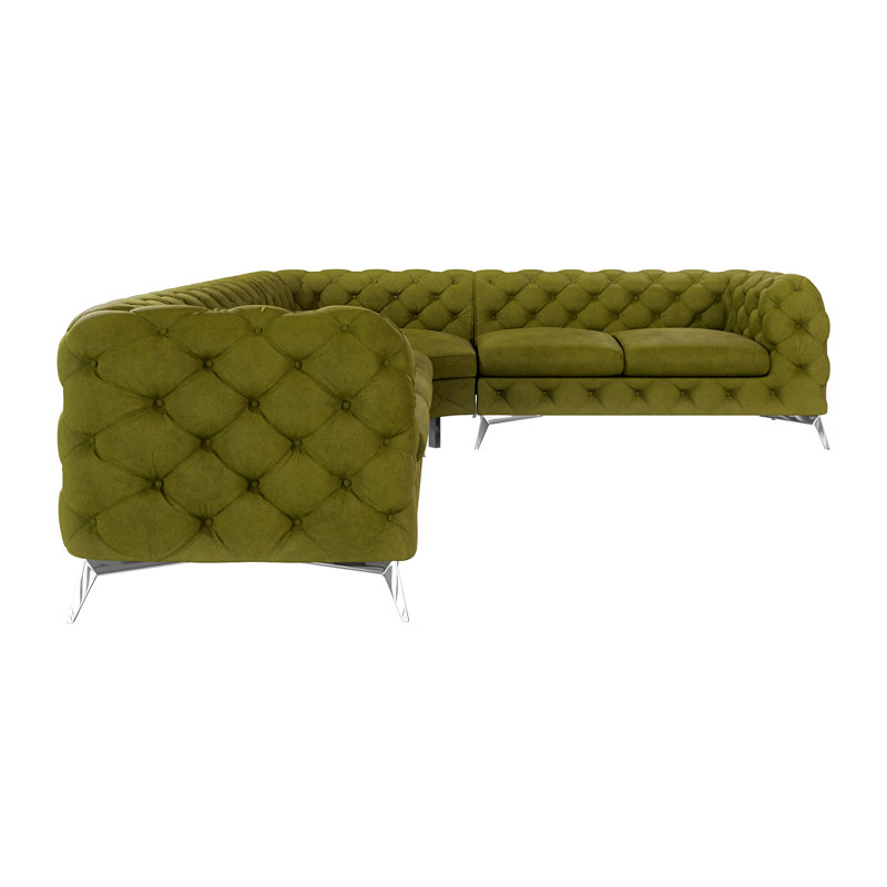 Chesterfield Corner Sofa L-Shape Bixby with Silver Metal Legs, Left Hand Facing, Olive