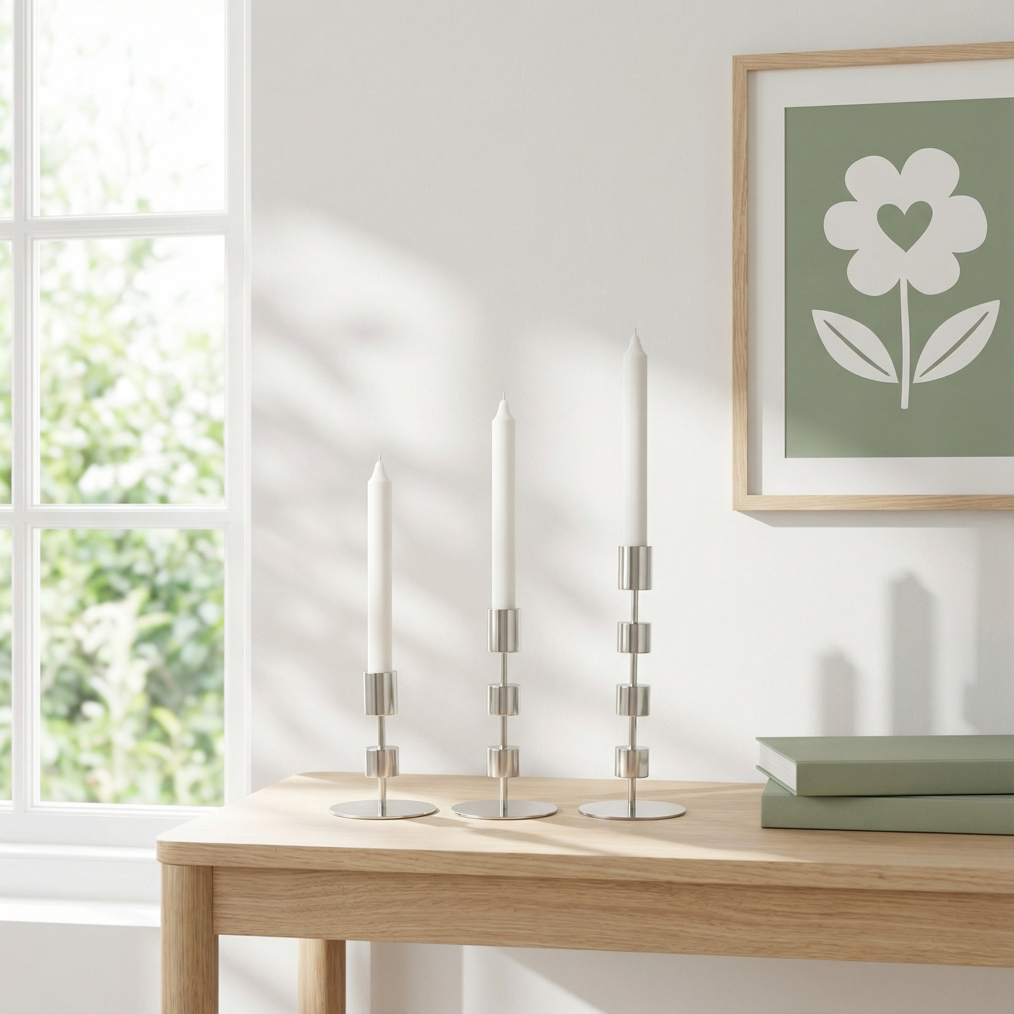 3 Piece Aluminum Tabletop Candlestick Set, Polished Silver