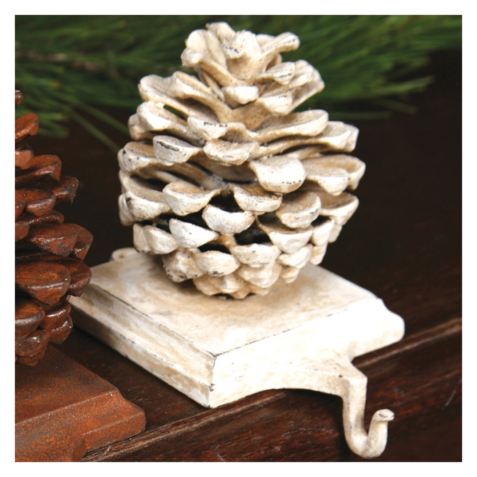 Pinecone Stocking Holder, Cast Iron White