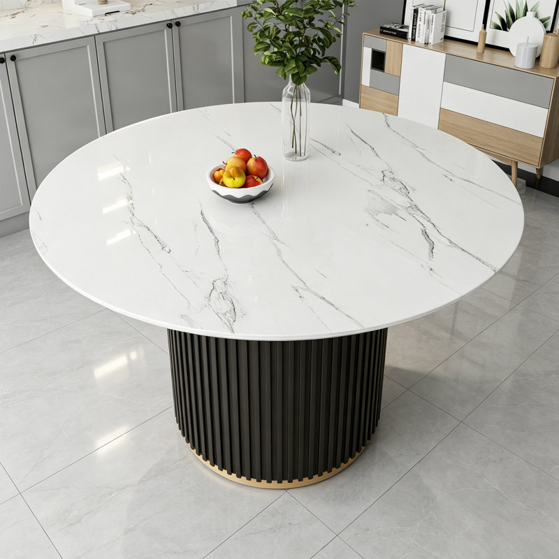 Table de salle à manger de 46 pouces en faux marbre, base en métal noir Wave avec décoration dorée - pouvant accueillir 4 personnes pour la cuisine et la salle à manger