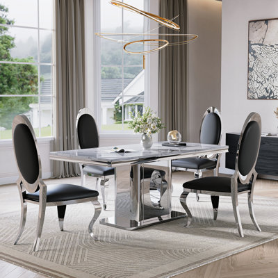 70.08" Rectangle Faux Marble Dining Table Set, Modern Kitchen Table For 4 Person (1 Table 4 Chairs)