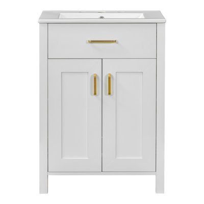 Meuble-lavabo 24 po - Économiseur d'espace élégant. L 24,2 po x P 18,5 po x H 34 po. Évier en céramique avec trop-plein. Cadre en bois massif, portes. Poignées dorées. 2 rangements abondants à fermeture en douceur. Armoire moderne, compacte et élégante.