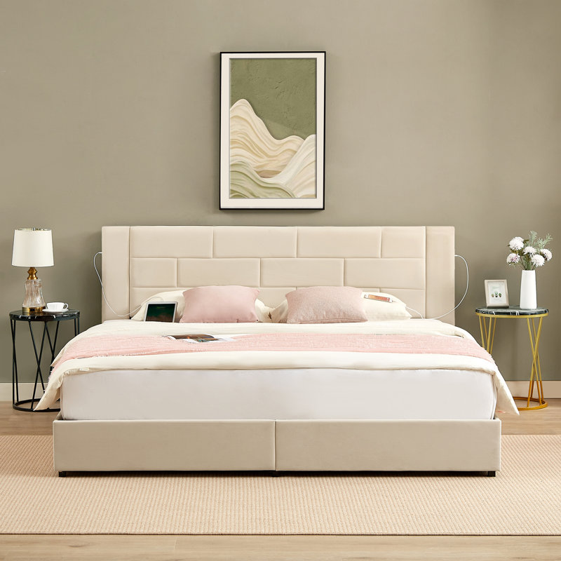Base de lit très grand Denman avec 4 tiroirs de rangement et station de charge avec ports USB, Très grand, Beige