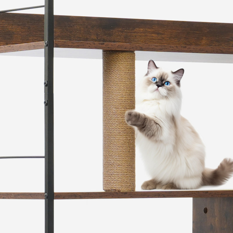 Mobilier pour chat à plusieurs niveaux, enclos de litière pour chat rétro avec poteau à griffes, étagère et porte pour chat