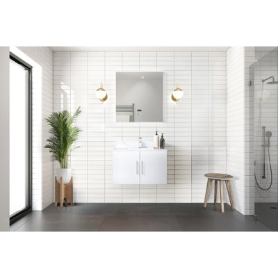 Meuble-lavabo blanc brillant avec comptoir en marbre, robinet et Miroir à DEL - Teinture résistante aux égratignures pour dessus de bain et robinet
