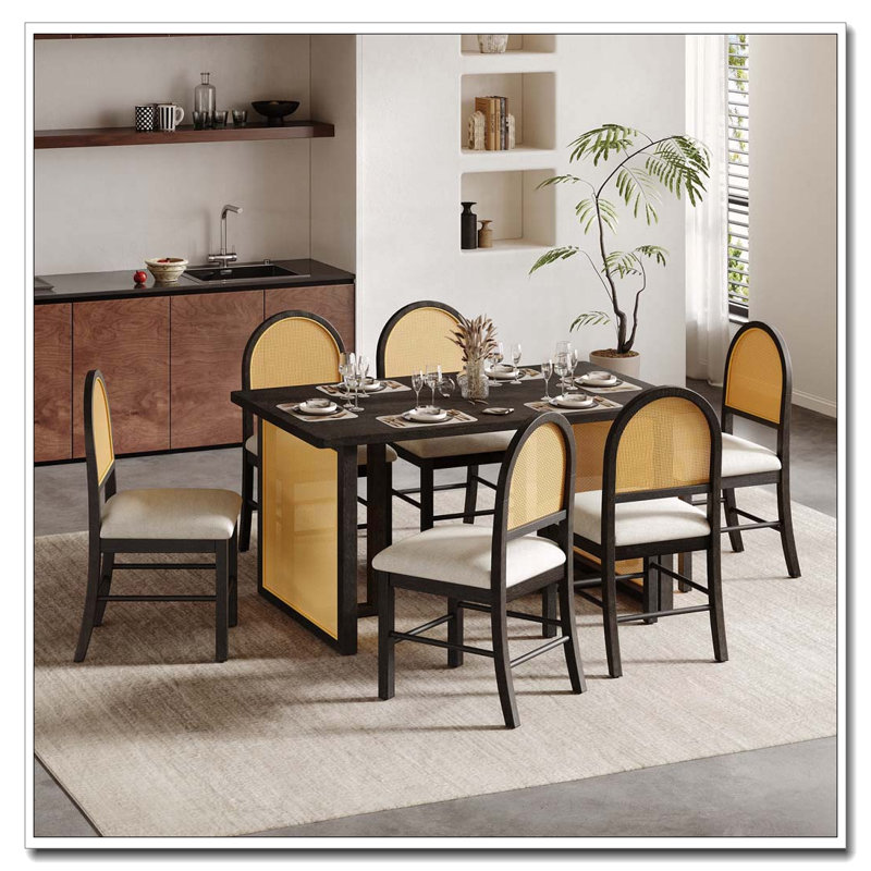 Ensemble de salle à manger de ferme 7 pièces avec chaises en rotin et placage de chêne vieilli (espresso), Espresso