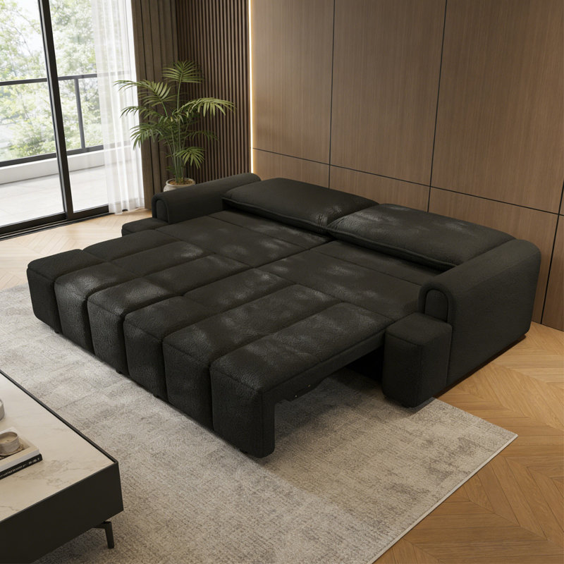 90.2" 4-Seater Teddy Fabric Sofa Bed | 3-In-1 King Size Convertible Sleeper With Seat Storage | Comfy Deep Seat Sofa With Casters For Living Room, Office, Apartment, Black