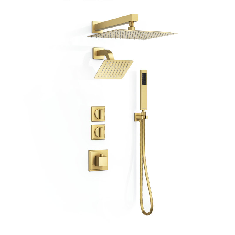 Rugen Rainfall Shower System 5-Spray Pattern, Large 12" & 6" Dual Rain Shower Head with Handheld Combo, Brushed Gold Shower Faucet Set with Thermostatic Valve, High Pressure Showerhead
