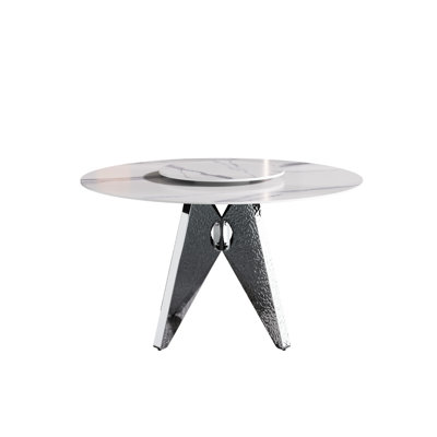 Table de salle à manger moderne 53 po avec plateau en pierre frittée et base en acier inoxydable, 6, 23,62 po, plateau tournant blanc, résistant aux rayures et aux taches