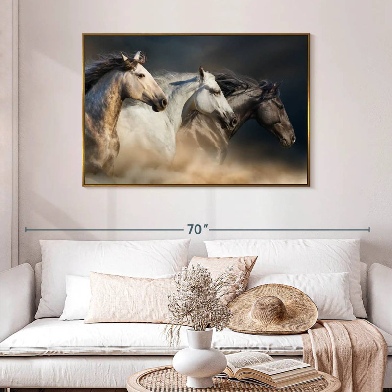 Chevaux magnifiques, 46 po x 31 po, Cadre flottant doré