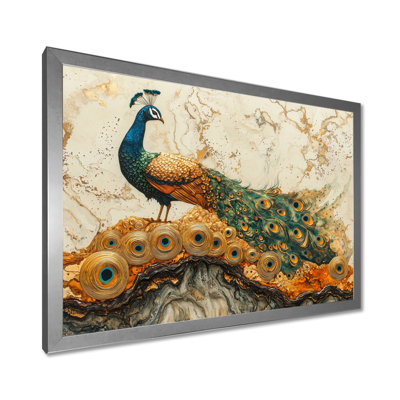 Golden Aqua And Wood Peacock Landscape II - Peacock Wall Art