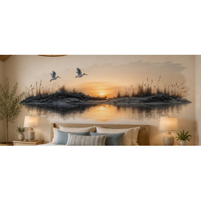 Autocollant mural coucher de soleil sur la côte, autocollant mural dune de plage, décoration murale mouette et océan, décoration de chambre côtière, décoration murale maison de plage 704MV