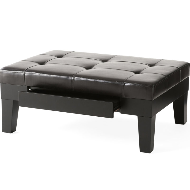 Repose-pieds en cuir PU avec tiroir caché et pieds en bois Brahmsley, Similicuir noir